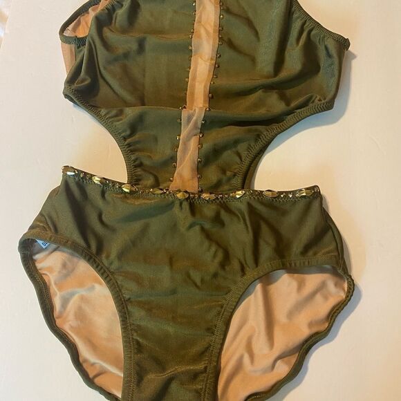 Custom solo dance costume leotard embellished olive green gold rhinestone SA - Picture 3 of 13